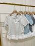 Women Round Neck Lacey Detail Button Down Tops